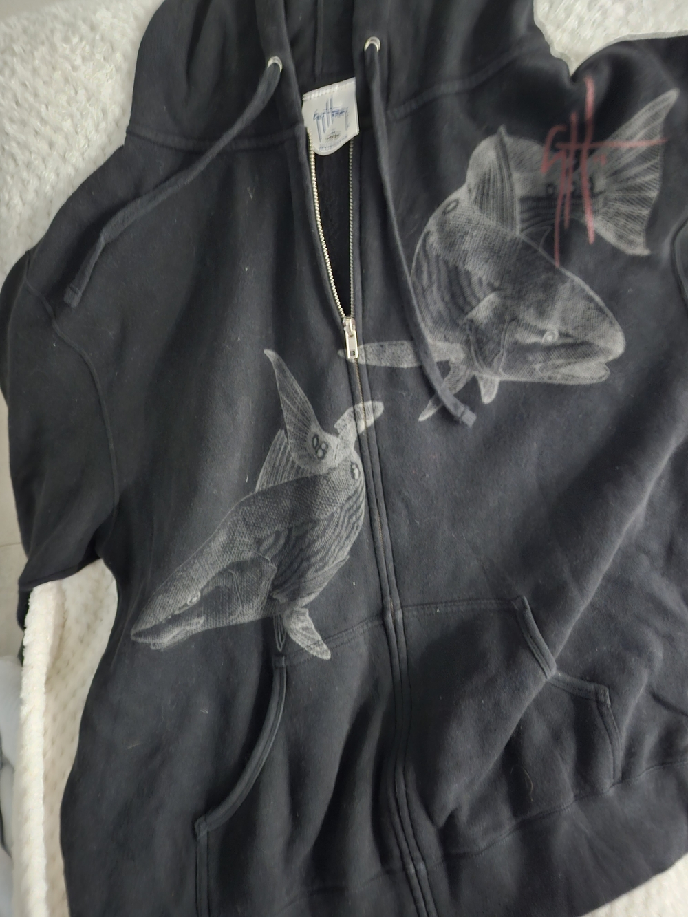 Guy Harvey Black Hoodie with Gray Fish Graphics and Red Signature